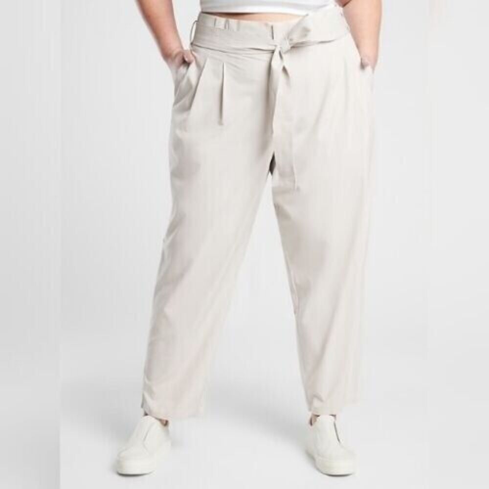 Athleta Skyline Pant II Womens 18 Stone Beige Paperbag Tie Waist Travel Straight